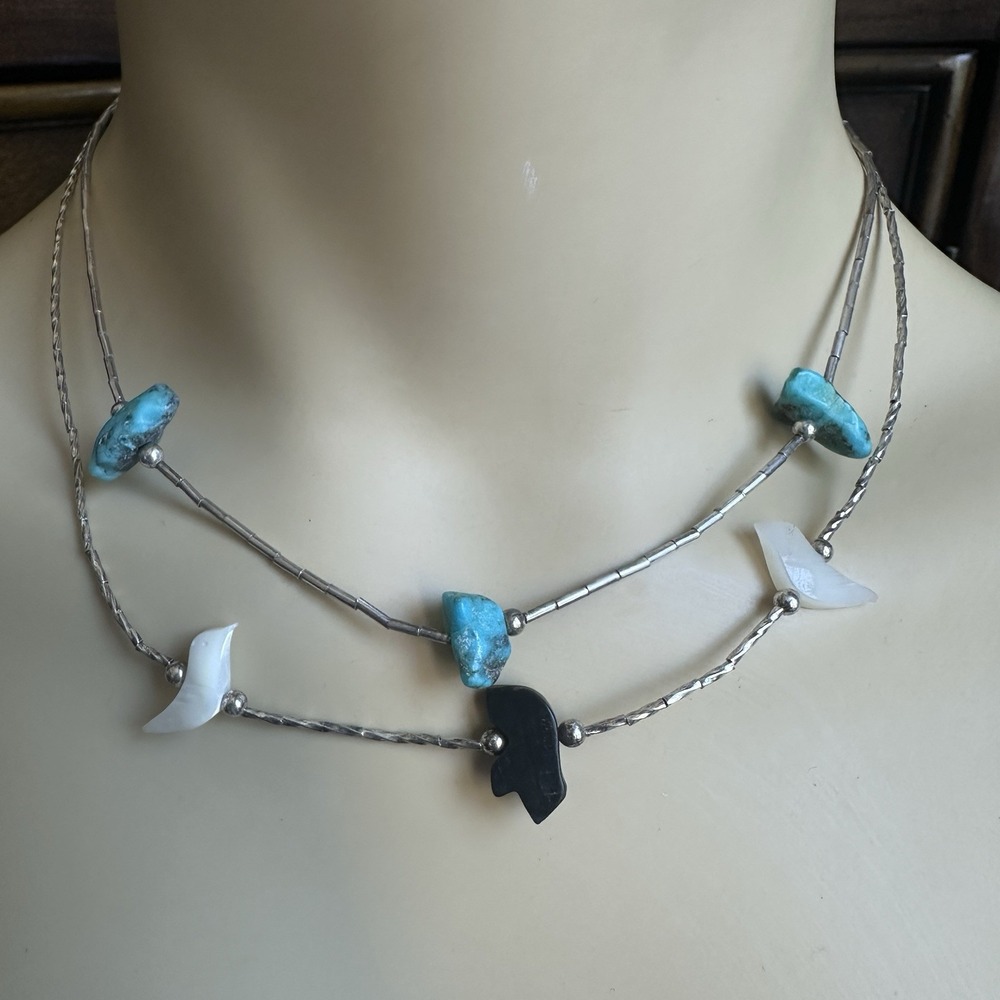 VTG Southwestern 2 Necklaces MOP Shell Bird Fetish Turquoise Liquid Silver Beads